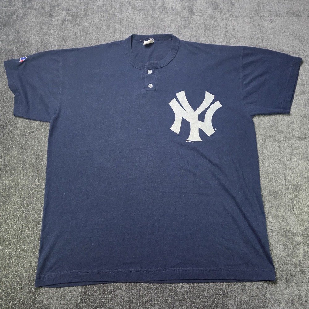 Vintage Russell Athletic Shirt Mens XL New York Yankees 1/4 Button Blue Henley